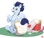 big_diaper blue_body blue_fur blue_hair blush clothing cutie_mark diaper diaper_fetish feral fur gift green_eyes hair male poofy_diaper sitting solo text text_on_clothing text_on_diaper wings ailoy4 friendship_is_magic hasbro my_little_pony mythology soarin_(mlp) wonderbolts_(mlp) equid equine mammal mythological_creature mythological_equine pegasus english_text hi_res