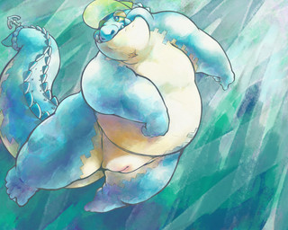 animal_genitalia anthro belly blue_body blue_scales clothing genital_slit genitals hat hat_only headgear headgear_only headwear headwear_only male mostly_nude nude overweight overweight_anthro overweight_male scales solo swimming underwater visor_cap water boroten lifewonders tokyo_afterschool_summoners makara_(tas) crocodile crocodilian reptile scalie absurd_res hi_res
