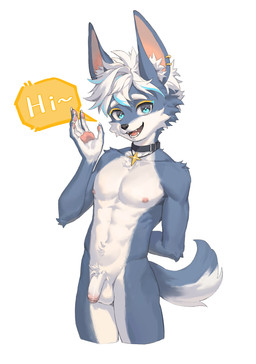 5_fingers anthro athletic athletic_anthro athletic_male balls black_nose blue_eyes blue_highlights blue_markings cheek_tuft chest_tuft claws collar cross_eyes cute_fangs ear_piercing ear_ring eyebrows facial_tuft fangs finger_claws fingers flaccid fur fur_markings genitals gesture greeting greeting_viewer grey_body grey_ears grey_fur grey_sclera grey_tail hair hand_behind_back highlights_(coloring) humanoid_genitalia humanoid_penis inner_ear_fluff looking_at_viewer male markings navel nipples nude nude_anthro nude_male open_mouth pawpads penis piercing pink_inner_ear pink_pawpads ring_piercing simple_background smile smiling_at_viewer solo speech_bubble standing star star_necklace tail teeth text tongue tuft waving waving_at_viewer white_background white_body white_eyebrows white_fur white_hair white_inner_ear_fluff white_tail yellow_markings ka1zy301 canid canine canis mammal wolf absurd_res english_text hi_res portrait three-quarter_portrait