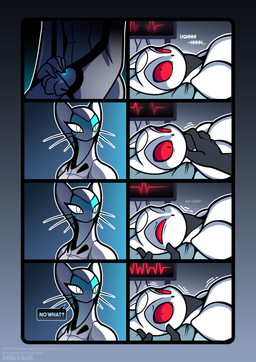 anthro asphyxiation bed bodysuit breasts clothed clothed_anthro clothed_female clothing dialogue duo electronics female furniture green_body grey_body hood hoodie_bodysuit hospital hospital_bed machine male monitor multicolored_body red_sclera scared skinsuit speech_bubble tan_body text tight_clothing torture two_tone_body whiskers white_body rem_phase silver_(rem_phase) avian bird domestic_cat felid feline felis hybrid mammal owl reptile robot scalie snake 2026 absurd_res comic english_text hi_res