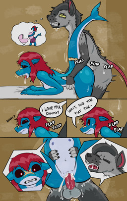 anthro balls blue_body bodily_fluids breasts condom_refusal cum cum_in_vagina cum_inside duo female from_behind_position genital_fluids genitals grey_body impregnation_risk male nipples nude penetration penile penile_penetration penis penis_in_vagina pupils red_eyes red_sclera saliva sex small_breasts sound_effects tail text unwanted_cum_inside vaginal vaginal_penetration vulva white_pupils yellow_sclera stupidgnoll nintendo pokemon generation_3_pokemon hyena mammal pokemon_(species) sharpedo absurd_res comic english_text hi_res