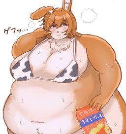 animal_print anthro areola areola_slip belly belly_overhang big_belly big_breasts blush bodily_fluids bra breasts chips_(food) clothing cow_print cow_print_bra cow_print_lingerie crying double_chin eating eating_food fat_arms female food fur hair holding_chips_(food) holding_food holding_object huge_belly inner_ear_fluff kemono looking_away morbidly_obese morbidly_obese_anthro morbidly_obese_female musk navel neck_tuft obese obese_anthro obese_female open_mouth orange_body orange_fur orange_hair overweight overweight_anthro overweight_female pink_eyes potato_chips sad short_hair simple_background solo sweat sweaty_belly tan_body tan_fur tears text tuft underwear weight_gain white_background wide_hips ate_(artist) yumi_(ate) lagomorph leporid mammal rabbit alternate_version_at_source digital_media_(artwork) hi_res japanese_text portrait