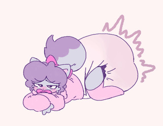 anthro big_diaper big_pacifier big_tail blush bottomwear bow_(feature) clean_diaper clothed clothing collar diaper dipstick_tail eyelashes feces female fluffy fluffy_hair fluffy_tail hair hoodie lying markings on_front pacifier pacifier_clip pink_clothing simple_background soiling solo tail tail_markings thick_thighs topwear underwear wearing_diaper white_background mirlywirl rosy_(dummydoodles) domestic_cat felid feline felis mammal