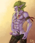 abs biceps clothed clothing erection genitals green_hair hair humanoid_genitalia humanoid_penis jewelry leather looking_at_viewer male muscular muscular_humanoid muscular_male necklace not_furry pecs penis purple_body purple_skin red_eyes scar solo tattoo topless tusks adr blizzard_entertainment warcraft humanoid troll_(mythology) 2008