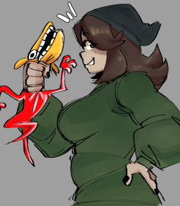 anthro asphyxiation black_eyes black_nails breasts brown_hair clothing colored_nails duo eyelashes featureless_feet feet female freckled_face freckles green_clothing green_eyes green_sweater green_topwear grey_background grey_clothing grey_hat grey_headwear hair hand_on_hip hat headgear headwear holding_another larger_female male nails red_body side_view simple_background size_difference smaller_male smile sweater tan_body tan_skin topwear yellow_body rekkadraws creepypasta friday_night_funkin' step_right_up:_adventure_isle fakdog_(step_right_up) sara_taylor smile.dog canid canine canis domestic_dog human mammal