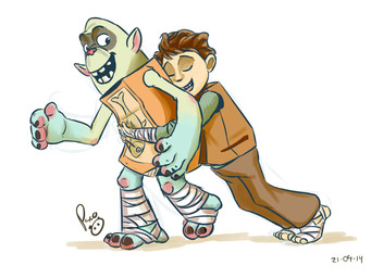 bandaged_legs blue_body blue_skin bottomwear brown_bottomwear brown_clothing brown_pants brown_topwear brown_vest clothed clothing duo eyes_closed glistening glistening_eyes green_body green_skin hug hugging_another hugging_from_behind humanoid_pointy_ears logo male not_furry open_mouth open_smile orange_clothing orange_topwear pants pointy_ears shadow simple_background smile standing tan_body tan_skin topwear vest white_background young young_human young_humanoid young_male pandapaco human humanoid mammal 2014 artist_logo dated hi_res signature