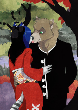 anthro anthro_on_anthro biped blep breasts clothed clothing duo female fully_clothed fur hair humanoid_hands kissing male male/female outside side_boob tongue tongue_out jailbird bear felid mammal pantherine tiger 2008 character_request digital_media_(artwork)