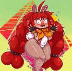 blush blush_lines bodily_fluids clothing female fishnet_clothing fishnet_legwear flat_chested hair legwear red_hair sweat thick_thighs pachislot animal_crossing nintendo villager_(animal_crossing) humanoid lagomorph leporid mammal rabbit hi_res