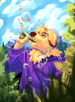 anthro bubble detailed_background eye_scar facial_scar hair holding_object male outside scar semi-realistic standing three-quarter_view snowhund bird_dog canid canine canis domestic_dog golden_retriever hunting_dog mammal retriever detailed digital_media_(artwork) hi_res portrait