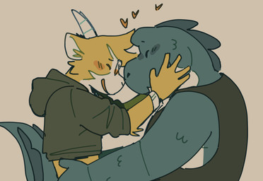 5_fingers anthro anthro_on_anthro blush canon_couple clothed clothing duo eyes_closed eyewear fingers fur glasses green_body green_scales heart_symbol holding_partner hoodie horn hug interspecies_romance love male male/male romantic romantic_couple scales shirt smile tail tank_top topwear yellow_body yellow_fur doginacafe duncan_and_eddie duncan_(doginacafe) eddie_(doginacafe) bovid caprine crocodile crocodilian goat mammal reptile scalie 2025 english_description hi_res