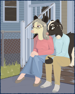 5_fingers anthro black_body black_fur blue_bottomwear blue_clothing blue_eyes blue_shirt blue_skirt blue_topwear border bottomwear breasts building chain-link_fence clothed clothed_anthro clothed_female clothed_male clothing countershade_fur countershading detailed_background duo ear_piercing eyewear female fence fingers footwear fully_clothed fully_clothed_anthro fully_clothed_female fully_clothed_male fur gauged_ear glasses grass grey_hair hair hand_on_shoulder long_hair long_skirt looking_at_another male markings multicolored_body notched_ear outside pants piercing pink_clothing pink_nose pink_shirt pink_topwear plant porch purple_eyes shirt shoes simple_background sitting_on_stairs skirt socks striped_hair striped_markings striped_tail stripes tail tail_markings tan_body tan_bottomwear tan_clothing tan_fur tan_pants topwear transparent_background transparent_border wearing_glasses window conditional_dnp tangerine_(artist) leslie_(sinicalsix) trish_(sinicalsix) american_opossum mammal marsupial mephitid skunk striped_skunk virginia_opossum 2026 4:5 aliasing alpha_channel binary_drawing digital_drawing_(artwork) digital_media_(artwork) hi_res