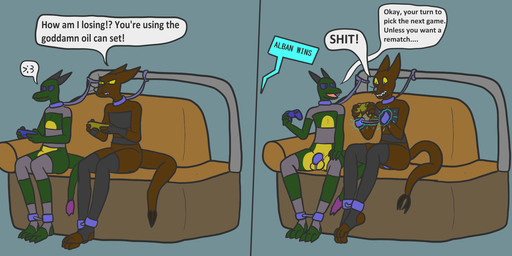 ankle_cuffs anthro balls brown_body chastity_cage chastity_device clothed clothing controller cuff_(restraint) dialogue duo female flat_chested furniture game_controller genitals green_body handcuffs leashed_to_bed legwear magic_bondage male male/female metal_cuffs restraints skimpy sofa stirrup_legwear stirrup_stockings stockings tail tail_hand text unusual_anatomy unusual_tail trinitite mythology alban_(trinitite) tory_(trinitite) ahuizotl dragon mythological_creature mythological_scalie scalie comic english_text hi_res