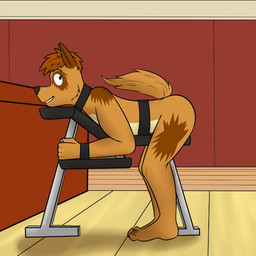 anthro bdsm bondage bondage_furniture bound chair feet fuck_bench fur furniture humanoid_feet inside male markings plantigrade side_view slave solo spots spotted_body spotted_fur straps submissive submissive_male fuze canid canine canis domestic_dog mammal 1:1 story story_in_description
