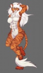 abs anthro biceps biped breasts chest_tuft claws fangs featureless_breasts feet female fur green_eyes grey_background hair hand_behind_head hindpaw long_hair looking_at_viewer muscular muscular_anthro muscular_female navel nude orange_body orange_fur paws pink_nose pose simple_background solo standing stripes tail tail_tuft teeth thick_thighs tuft white_body white_fur white_hair ookami-kun dr._sawyer domestic_cat felid feline felis mammal prehistoric_species saber-toothed_tiger 2013 hi_res