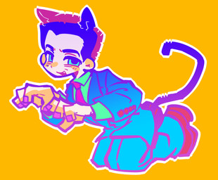 4_ears accessory alternate_species blue_clothing blue_eyes blue_suit blush blush_stickers cat_tail chibi clothing fangs feline_ears gradient human_and_animal_ears humanoidized kneeling looking_at_viewer male multi_ear necktie open_mouth outline paw_pose pose simple_background smile smiling_at_viewer smirk smirking_at_viewer solo suit teeth white_outline yellow_background ijust12kmsbro half-life valve valve_corporation g-man animal_humanoid cat_humanoid felid felid_humanoid feline feline_humanoid humanoid mammal mammal_humanoid digital_drawing_(artwork) digital_media_(artwork) full-length_portrait hi_res portrait