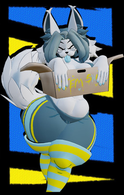anthro big_breasts blue_tongue bottomwear box breasts clothed clothed_anthro clothed_female clothing container female fluffy fluffy_tail fur grey_hair hair holding_box holding_container holding_object legwear looking_at_viewer pants pattern_clothing pattern_legwear pattern_thigh_highs solo striped_clothing striped_legwear striped_thigh_highs stripes tail thick_thighs thigh_highs tongue tongue_out whiskers white_body white_fur anaroth nonehub_(modeler) undertale undertale_(series) temmie_(nonehub) temmie_(undertale) domestic_cat felid feline felis mammal tem temmie_(species) 2026 3d_(artwork) digital_media_(artwork) hi_res