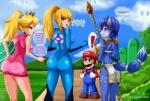 anthro blue_body blue_fur blue_hair butt canid canine clothed clothing crossover dialogue english_text exclamation_point female fox fur group hair hi_res human krystal_(star_fox) male mammal mario mario_bros metroid nintendo princess princess_peach royalty samus_aran sigurd_von_hosenfeld skimpy star_fox tail text white_body white_fur zero_suit