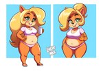 anthro belly big_belly blonde_hair breasts cleavage clothed clothing container crop_top cup female footwear fur gesture green_eyes hair long_hair looking_at_viewer multicolored_body multicolored_fur navel orange_body overweight overweight_female ponytail shirt shoes slightly_chubby slightly_chubby_anthro slightly_chubby_female smile solo topwear two_tone_body two_tone_fur underwear waving waving_at_viewer luichemax activision crash_bandicoot_(series) coco_bandicoot bandicoot mammal marsupial 2024