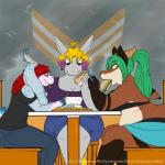 anthro antlers burger eating electronics female food fries game_console gaming group horn overweight playing_video_game sitting heyitshappydoodles nintendo nintendo_3ds nintendo_ds_family dandy_donkey manji_luo asinus donkey equid equine fish jackalope lagomorph mammal marine shark 1:1