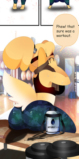 3_toes anthro barefoot bodily_fluids breasts butt clothing exercise feet female plantigrade solo sweat text tight_clothing toes kikiluv kikiluvya animal_crossing nintendo isabelle_(animal_crossing) canid canine canis domestic_dog mammal absurd_res english_text hi_res long_image tall_image
