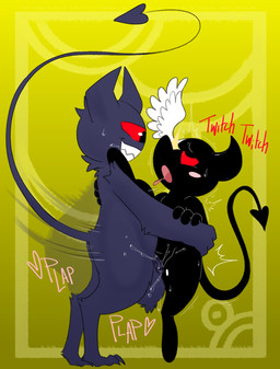 1_eye anthro balls black_body duo feathered_wings feathers female female_penetrated from_front_position fur genitals holding_partner horn larger_male male male/female male_penetrating male_penetrating_female penetration penile penile_penetration penis penis_in_vagina sex size_difference smaller_female smaller_penetrated spade_tail standing standing_sex tail text vaginal vaginal_penetration wings nylonhellhole krylon_(nylonhellhole) angel demon hybrid imp 2023 hi_res