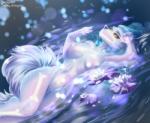 anthro bathing blue_hair breasts detailed_background female flower genitals hair lake lily_pad nipples partially_submerged plant pond pussy solo water water_lily qrichy arctic_fox canid canine fox mammal true_fox digital_media_(artwork)