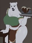 alcohol anthro apron bartender beer belly beverage big_belly big_breasts blouse blue_eyes breasts brown_background bulge cleavage clothed clothing container cup gynomorph intersex looking_at_viewer navel simple_background slightly_chubby solo stein thick_thighs topwear rousal bear mammal polar_bear ursine hi_res