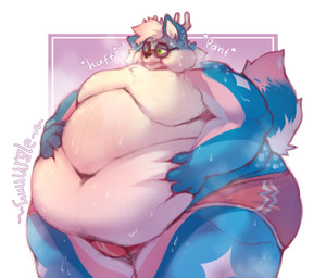anthro antlers blue_body blue_fur bodily_fluids bottomwear breath chubby_cheeks clothing countershading deep_navel eyewear fur glasses green_eyes hair hand_on_own_belly horn male markings moobs morbidly_obese morbidly_obese_anthro morbidly_obese_male mostly_nude navel obese obese_anthro obese_male overweight overweight_anthro overweight_male panting pink_bottomwear pink_clothing pink_shorts rumbling_stomach shorts sidecut solo spots spotted_body spotted_fur standing sweat sweaty_body white_body white_countershading white_hair chubbierjako jako_(chubbierjako) deer mammal 2023 colored hi_res shaded nonbinary_(lore)