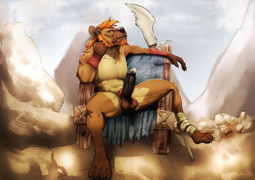 accessory anthro athletic athletic_anthro athletic_male ball_tuft balls bandage biceps big_balls big_penis black_penis bored brown_body brown_fur chair claws ear_piercing erection facial_hair facial_scar fangs foreskin fur furniture genital_piercing genitals glistening glistening_piercing goatee grumpy hair hand_on_cheek huge_balls huge_penis humanoid_genitalia humanoid_penis jewelry landscape leg_markings male markings mohawk multicolored_body multicolored_fur muscular muscular_male nude partially_retracted_foreskin penile penis penis_accessory penis_jewelry penis_piercing piercing presenting presenting_penis prince_albert_piercing pubes red_pubes retracted_foreskin scar sitting socks_(marking) solo spots spotted_body spotted_fur spread_legs spreading teeth thick_penis tuft two_tone_body two_tone_fur weapon anonymous_artist dungeons_and_dragons hasbro wizards_of_the_coast gnorr gnoll hyena mammal spotted_hyena
