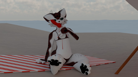 andromorph anthro beach bikini black_body black_fur clothed clothing cloud dripping food freckled_face freckled_legs freckled_thighs freckles fur intersex licking partially_clothed popsicle popsicle_melting red_body red_fur sea sky solo swimwear tongue towel two-piece_swimsuit umbrella water white_body white_fur jman7407 galica felid feline mammal mayu_(azuki) 16:9 4k absurd_res hi_res widescreen