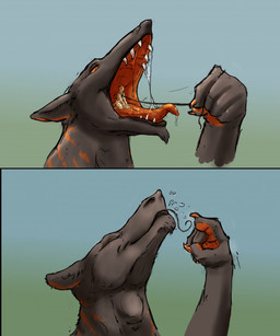 anthro black_body black_fur bodily_fluids claws duo fur harness in_mouth macro macro_pred male male/male markings micro micro_prey neck_bulge open_mouth oral_vore orange_body orange_eyes orange_fur orange_mouth orange_tongue saliva saliva_on_tongue saliva_string sharp_teeth spots spotted_body spotted_fur striped_body striped_fur stripes swallowing teeth tongue two_panel_image vore yellow_body yellow_fur jeri_kleinlowe cheetah felid feline mammal sergal 2023 colored comic hi_res