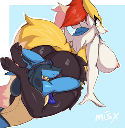 >_< anthro anthro_on_anthro areola arm_support armwear big_breasts big_butt big_tail biped black_body black_fur blue_background blue_body blue_fur blue_kerchief blue_neckerchief blush blush_lines breasts bubble_butt butt cheek_tuft clothing constricted_pupils dipstick_tail duo elbow_gloves eyelashes eyes_closed eyewear eyewear_on_head facial_tuft feet female female_anthro fingers fluffy fluffy_tail flustered fur gloves goggles goggles_on_head handwear head_on_butt hindpaw hug huge_breasts hugging_another hugging_butt hugging_from_behind humanoid_hands inner_ear_fluff interspecies kerchief kerchief_only looking_at_another looking_back lying male male/female male_anthro markings mostly_nude multicolored_body multicolored_fur multicolored_tail neckerchief neckerchief_only neckwear nipples nude nude_anthro nude_female nude_male nuzzling on_front pawpads paws pink_areola pink_nipples pink_pawpads pupils rear_view red_body red_fur red_inner_ear_fluff red_tail red_tail_tip simple_background small_pupils smile tail tail_aside tail_markings thick_thighs three-quarter_view toes tuft white_body white_fur yellow_body yellow_ears yellow_fur yellow_tail misx nintendo pokemon braixen canid canine generation_4_pokemon generation_6_pokemon lucario mammal pokemon_(species) 2025 colored digital_media_(artwork) hi_res shaded signature