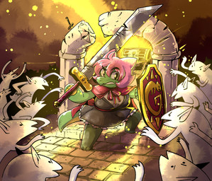 3_toes ambiguous_gender anthro barefoot cape clenched_teeth clothed clothing feet female female_focus field glowing green_body green_scales group hair holding_melee_weapon holding_object holding_sword holding_weapon melee_weapon night outside pawpads pink_hair scales shield short_hair star surrounded sword teeth toes treasure_chest uniform weapon white_body anaugi camimi domestic_cat felid feline felis goblin humanoid hybrid kobold mammal scalie 2022 hi_res