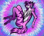 abstract_background anthro black_nose blue_eyes blue_pawpads breasts casual_nudity closed_smile digitigrade empty_eyes eyelashes fangs feet female fingers fluffy_chest freckled_face freckles fur hair inner_ear_fluff mouth_closed multicolored_body multicolored_fur nude pawpads paws purple_body purple_fur purple_hair side_view smile snout solo striped_body striped_fur stripes tail teeth toes tuft white_body white_fur zoophilia_pride_colors unknown_artist gyoza_(gyoza_x3) canid canine canis mammal wolf 2024 digital_media_(artwork) full-length_portrait portrait