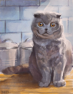 black_nose brick brick_wall feral floppy_ears folded_ears fur furniture grey_body grey_fur inside on_table quadruped sitting solo table wall_(structure) whisker_spots whiskers yellow_eyes alexpahomov domestic_cat felid feline felis mammal scottish_fold 2021 hi_res