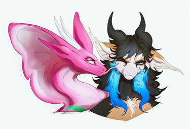 anthro black_body black_fur blue_eyes blue_hair bodily_fluids curved_horn duo ears_outwards face_lick female female/female forked_tongue fur glowing glowing_eyes glowing_hair gradient_fur hair horn licking licking_another licking_partner long_hair looking_at_another looking_at_partner mounth multicolored_body multicolored_fur multicolored_hair pink_body pink_scales pivoted_ears saliva scales simple_background snake_hood tongue tongue_out two_tone_body two_tone_fur two_tone_hair velkari_(puroslavking) white_eyes zicwi mythology ti-julie_(puroslavking) bovid caprine cobra fantasy_creature goat mammal mythological_creature reptile scalie snake hi_res