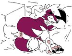 anthro anus balls big_balls big_butt butt claws fur genitals male nude pawpads paws presenting red_body simple_background sleeping solo thick_thighs white_body white_fur peachymewtwo nintendo pokemon canid canine generation_7_pokemon lycanroc mammal midnight_lycanroc pokemon_(species)