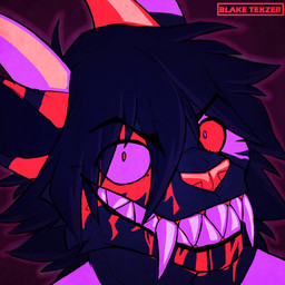 anthro black_body black_fur black_hair fur grumpy hair horn neon smile solo blakixtekzer_(artist) domestic_cat felid feline felis mammal 1:1 absurd_res headshot_portrait hi_res icon portrait