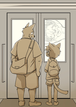 anthro backpack black_nose bottomwear clothed clothing duo eyewear feet footwear fur glasses hair inside_train kemono lying male open_mouth pants public public_transportation shirt shoes smile standing topwear train vehicle young young_anthro young_male manmosu_marimo shota_feline_(marimo) white_canine_(marimo) canid canine canis domestic_cat felid feline felis mammal wolf 2016 2017 digital_media_(artwork) monochrome