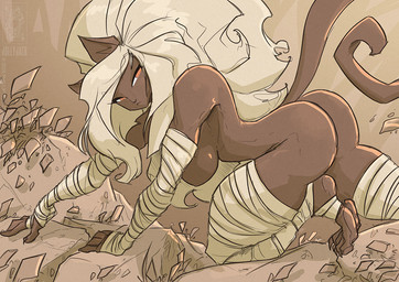 animal_ears anthro bandage biped breasts butt eyelashes female glistening glistening_body hair looking_at_viewer mouth_closed pupils solo tail thick_thighs conditional_dnp jollyjack felid feline mammal 2026