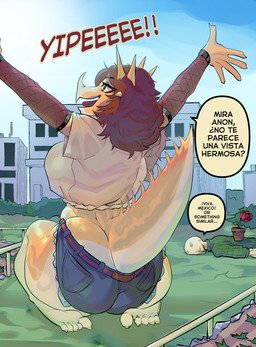 anthro arms_outstretched barefoot belt big_butt bodily_fluids bottomwear breasts butt city cityscape claws clothed clothing crop_top duo facial_horn feet female fishnet_clothing fishnet_gloves fishnet_handwear flower garden gloves handwear horn hotpants huge_butt kneeling lying male no_bra nose_horn on_front open_mouth outside plant plant_pot potted_plant rose_(flower) scales shirt shorts side_boob speech_bubble sweat text topwear translucent translucent_clothing redercom cavemanon_studios goodbye_volcano_high ko_op_(game_developer) snoot_game anon_(snoot_game) rosa_(gvh) aquilops ceratopsian dinosaur human mammal marginocephalian ornithischian prehistoric_species reptile scalie english_text hi_res spanish_text translated