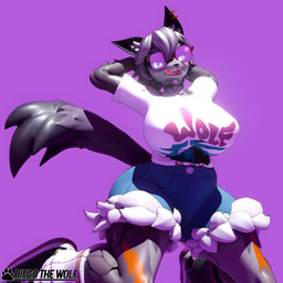 anthro big_breasts big_butt big_tail blue_bottomwear blue_clothing blue_eyes blue_pants bottomwear breasts butt clothing collar eyewear female fluffy footwear fur glasses grey_body hand_on_head looking_at_viewer orange_body orange_fur outline pants piercing pose shirt shoes small_nose solo tail thick_thighs tongue tongue_out topwear white_clothing white_shirt white_topwear yellow_eyes diegothewolf seriuswolf_(modeler) epic_games fortnite wolfie_(fortnite) canid canine canis mammal wolf 1:1 3d_(artwork) absurd_res blender_(artwork) blender_eevee_(artwork) digital_media_(artwork) hi_res pinup