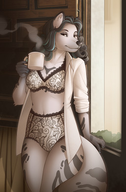 anthro beverage black_hair bra clothed clothing coffee collared_shirt container cup female female_anthro fur grey_body grey_fur hair holding_container holding_cup holding_mug holding_object hot_beverage lace lace_lingerie lingerie mug multicolored_body multicolored_fur open_clothing open_shirt open_topwear plant_print pose shirt solo steam topwear two_tone_body two_tone_fur underwear white_body white_fur dicksndemons arctic_fox canid canine fox mammal true_fox 2024 hi_res pinup