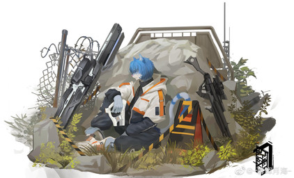 ambiguous_anthro ambiguous_gender anthro black_bottomwear black_clothing black_jacket black_pants black_topwear blue_eyes blue_hair bottomwear clothed clothing fur grey_body grey_fur gun hair holding_gun holding_object holding_ranged_weapon holding_weapon jacket logo looking_at_viewer markings mouth_closed open_clothing open_jacket open_topwear outside pants pink_nose ranged_weapon rifle rock short_hair sitting sniper_rifle solo striped_markings striped_tail stripes tail tail_markings topwear weapon white_body white_clothing white_fur white_jacket white_topwear awaldkize felid mammal artist_logo hi_res