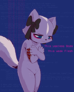 4_fingers alternative_fashion anthro background_text blood blue_eyes bodily_fluids bow_ribbon clawing clawing_shoulder depression female fingers fluffy fluffy_tail frustrated fur genitals goth markings nude pear-shaped_figure purple_body purple_fur scar scratching_self self-harm self-harm_scars self_hatred self_hug solo striped_body striped_fur striped_markings striped_tail stripes tail tail_markings vulva wide_hips e254e aggretsuko sanrio shikabane_(aggretsuko) mammal mephitid skunk 4:5 absurd_res hi_res