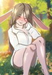 anthro blush female forest fur grass grass_field grey_hair hair lawn light plant solo sunlight teeth tree white_body white_fur yourumi mieri_(yourumi) lagomorph leporid mammal rabbit hi_res