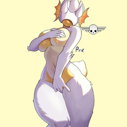 :3 anthro arthropod_abdomen big_breasts breasts covering covering_breasts covering_crotch covering_self curvy_figure female frill_(anatomy) hand_bikini horn multicolored_body solo thick_thighs two_tone_body voluptuous voluptuous_anthro voluptuous_female wide_hips prxlol helldivers democratic_bug arthropod hunter_(helldivers) insect terminid 1:1
