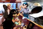 1_eye ahoge apron ata_(anaid) beverage big_eyes big_tail biped black_body black_clothing black_hair black_sclera black_skin blonde_hair bodily_fluids chopsticks clothed clothing conto cookware cyclops dark_body dark_skin detailed_background dipstick_tail eating eyewear family female fire food frying_pan fully_clothed glasses gloves_(marking) green_clothing green_eyes grey_clothing group hair half-closed_eyes headgear headwear hi_res holding_object humanoid jacket kitchen_utensils leather leather_clothing leather_jacket leather_topwear light_body light_skin lohan_(anaid) long_hair long_tail longtailclops looking_at_another madu_(anaid) male mammal markings monster_girl_(genre) multicolored_body multicolored_skin multicolored_tail narrowed_eyes nervous pale_skin prehensile_tail public restaurant shirt short_hair sibling_(lore) sister_(lore) sisters_(lore) sweat sweatdrop t-shirt tail tail_markings tailclops_(race) tailclops_(species) tan_body tan_skin tools topwear two_tone_body two_tone_skin unimpressed
