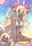 anthro big_breasts bikini blonde_hair blush breasts cleavage clothed clothing cute_fangs eyes_closed fangs female green_eyes hair kemono long_hair open_mouth open_smile smile solo swimwear teeth tongue two-piece_swimsuit nagoshinikake domestic_cat felid feline felis mammal