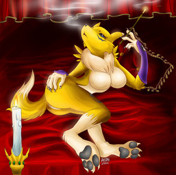 anthro armwear bed big_breasts biped black_sclera blue_eyes breasts bridal_gauntlets butt candle chest_tuft cigarette cigarette_holder clothed clothing countershading digit_ring facial_markings featureless_breasts feet female finger_ring fur furniture head_markings hindpaw holding_object jewelry lit_candle lying markings mostly_nude multicolored_body multicolored_fur on_side paws ring ring_(jewelry) smoke smoking solo tail tuft two_tone_body two_tone_fur white_body white_fur year yellow_body yellow_fur yin_yang regiph bandai_namco digimon canid canine digimon_(species) mammal renamon 2008 dated signature
